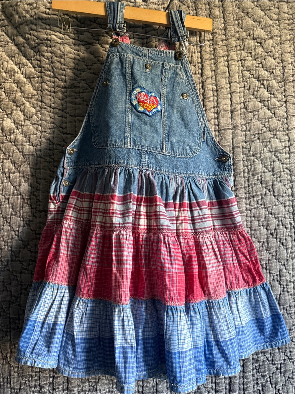 Oilily Denim Bib Dress with Red and Blue Plaid Skirt100%Cotton Made in Italy.